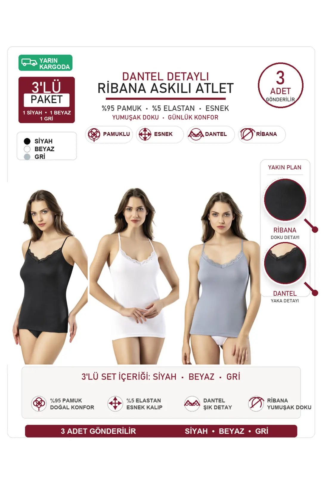 Kadın Ribana Pamuklu Dantelli İp Askılı Atlet 3'lü Set - Siyah-Beyaz-Mavi&Gri
